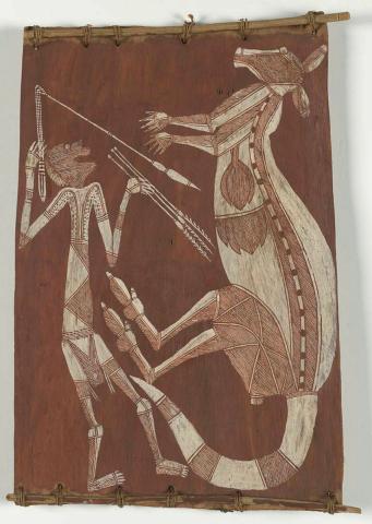 Artwork Mimi with weapons spearing kangaroo this artwork made of Natural pigments, clay and charcoal on eucalyptus bark, created in 1970-01-01