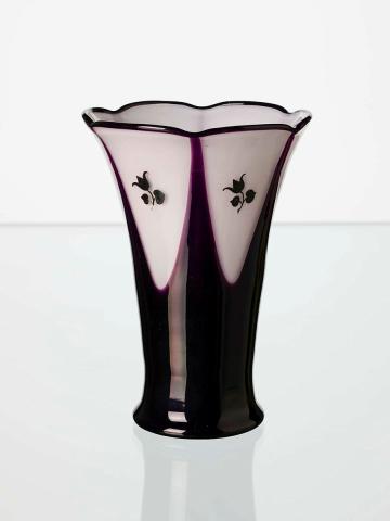 Artwork Vase this artwork made of White glass encased in dark purple glass with dark purple enamel floral sprig motif