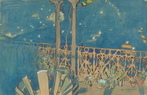 Artwork Balcony at night this artwork made of Watercolour over pencil on wove paper on cardboard