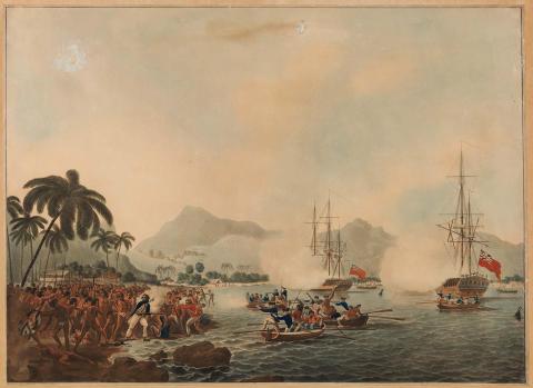 Artwork View of Owyhee, Hawaii with Captain Cook being killed by Natives this artwork made of Aquatint, hand-coloured on wove paper on cardboard, created in 1788-01-01