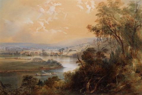 An oil painting of a landscape with a winding river