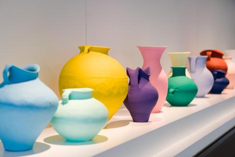 Ai Weiwei’s Painted vases 2006 installed for ‘Change Generators’, GOMA, October 2021 / © Ai Weiwei / Photograph: N Harth, QAGOMA