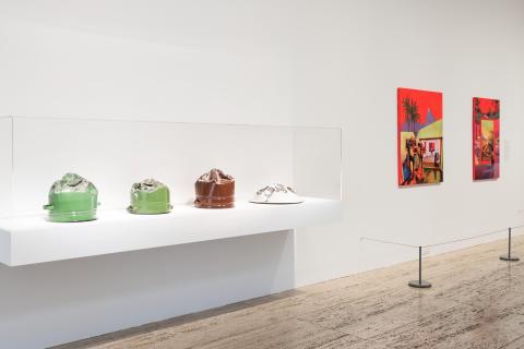 Works by (l–r) Erbossyn Meldibekov and Zico Albaiquni, installed at QAG for ‘Errant Objects’  / Purchased 2012. Queensland Art Gallery / © The artists / Photograph: N Harth, QAGOMA