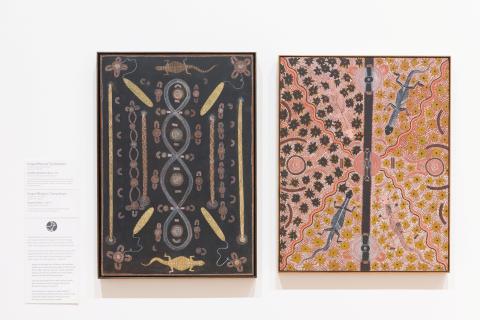 Two works on board by Australian Aboriginal artist Kaapa Mbitjana Tjampitjinpa, installed on a white gallery wall with a label to the left.