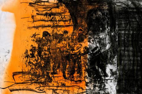 A drypoint print made with black and orange tones