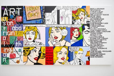 Richard Bell's (Kamilaroi/Kooma/Jiman/Gurang Gurang people / Australia QLD b.1953) Bell's Theorem (Trikky Dikky and friends) 2005, installed for 'Something Borrowed', GOMA, July 2025 / Synthetic polymer paint on canvas / The James C. Sourris AM Collection. Gift of James C. Sourris through the Queensland Art Gallery Foundation 2007. Donated through the Australian Government's Cultural Gifts Program / © Richard Bell / Photograph: J Ruckli, QAGOMA