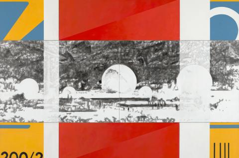 Richard Dunn / Surveillance and Punishment (Pine Gap) (detail) 1987–88 / Synthetic polymer paint on canvas / Gift of Suzanne Davies in loving memory of Richard Dunn through the QAGOMA Foundation 2025. Donated through the Australian Government’s Cultural Gifts Program / Collection: QAGOMA / © Richard Dunn Estate / Photograph: N Umek, QAGOMA