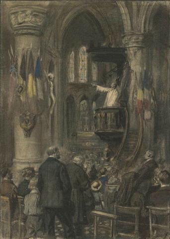 Artwork Cardinal Mercier's Benediction of the flags of the Allies this artwork made of Watercolour and charcoal on paper, created in 1914-01-01