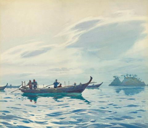 Artwork Tomotsu (Japanese rowboats) this artwork made of Watercolour and gouache over pencil on wove paper, created in 1920-01-01
