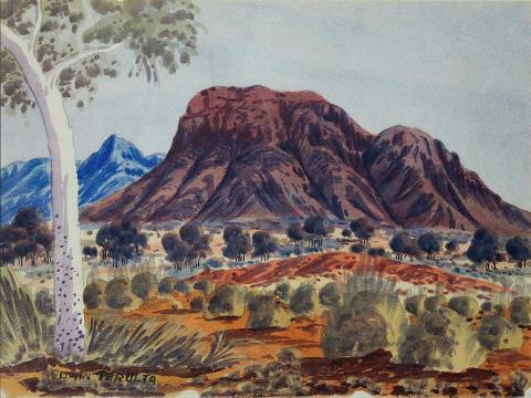 Artwork MacDonnell Ranges this artwork made of Watercolour over pencil on cardboard, created in 1954-01-01