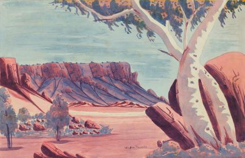 Artwork (Ghost gums and mountain) this artwork made of Watercolour over pencil on smooth cream paper on cardboard