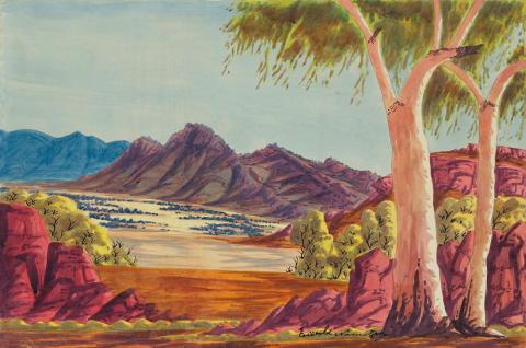 Artwork (Ghost gums and mountain range) this artwork made of Watercolour over pencil on smooth wove paper on cardboard