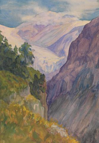 Artwork (Mountain gorge with snow-capped range in the distance) this artwork made of Watercolour on smooth cardboard, created in 1914-01-01