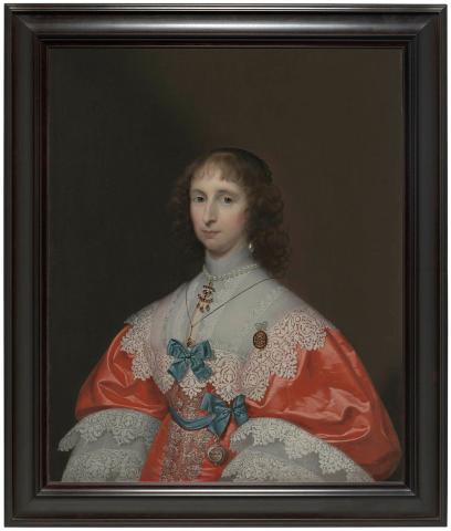 Artwork Portrait of a lady, half length, in a red and white dress with blue bows this artwork made of Oil on canvas, created in 1635-01-01