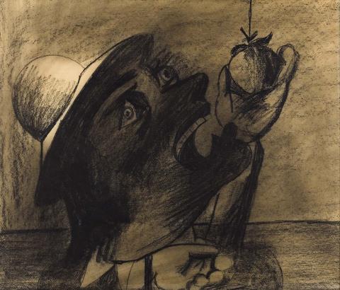 Artwork Untitled (schoolgirl craving for an apple) this artwork made of Charcoal and crayon frottage on thin cream wove paper, created in 1951-01-01