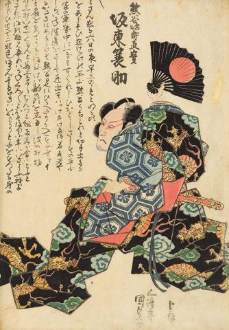 Artwork The actor Banto Minosuke as Kumagaya Jiro Naozane enacting a battle tale this artwork made of Colour woodblock print on paper, created in 1865-01-01