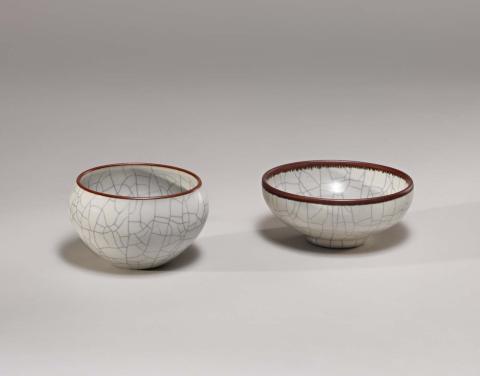 Artwork Bowls this artwork made of Porcelain, wheelthrown with crackled celadon and iron rim glaze, created in 1978-01-01