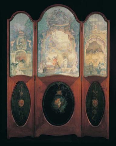 Artwork Screen:  Le Retour de Pierrot (The return of Pierrot) this artwork made of Handpainted mahogany three-fold screen with silk panels painted in watercolour, created in 1899-01-01
