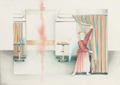 Artwork Ward, stained (from 'E 11 North:  The hospital paintings' series) this artwork made of Gouache on paper, created in 1993-01-01
