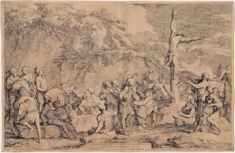 Artwork The Crucifixion of Polycrates this artwork made of Etching and drypoint on paper, created in 1660-01-01