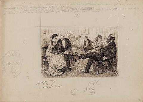Artwork Conversation piece: social interior this artwork made of Pen and brown ink over pencil on thick wove paper, created in 1885-01-01