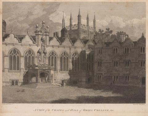 Artwork View of the Chapel and Hall of Oriel College (from 'Oxford Almanacks') this artwork made of Reproductve etching and engraving on wove paper, created in 1801-01-01
