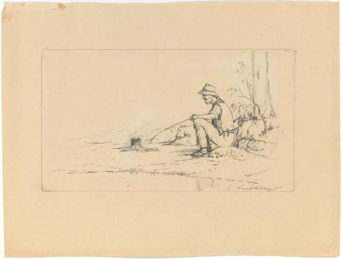 Artwork (Swagman boiling a billy) this artwork made of Pencil on buff wove paper
on buff wove paper, created in 1943-01-01