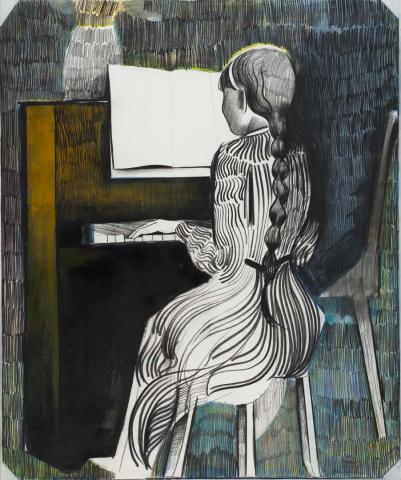 Artwork Colette at the piano (from 'Colette' series) this artwork made of Crayon, pastel, charcoal and synthetic polymer paint on wove paper, created in 1976-01-01