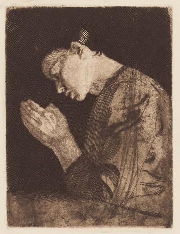 Artwork Betendes Madchen (Young woman praying) this artwork made of Etching, aquatint, soft-ground etching on smooth light grey-brown paper, created in 1892-01-01