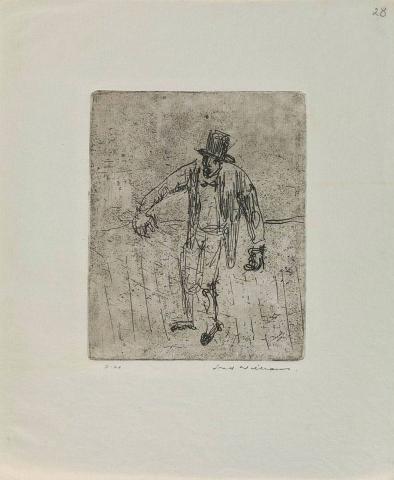 Artwork Performer in a top hat (from 'Music hall' series) this artwork made of Etching and foul biting on pale grey laid paper, created in 1955-01-01