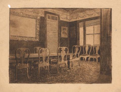 Artwork Dining room, 'Wynberg' (from 'Wynberg set') this artwork made of Etching on thin, cream, laid paper, created in 1928-01-01