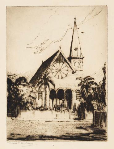Artwork Scot's Church, Clayfield this artwork made of Drypoint on cream wove paper, created in 1936-01-01