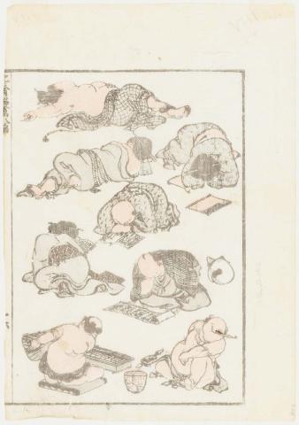 Artwork (Fat people) (from 'Hokusai Manga' Vol. 8) this artwork made of Colour woodblock print on thin cream laid Oriental paper, created in 1817-01-01