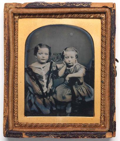 Artwork (Portrait of two young girls) this artwork made of Hand-coloured ambrotype on glass, created in 1855-01-01