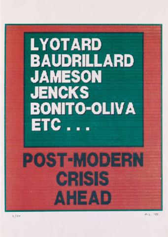 Artwork (Lyotard, Baudrillard, Jameson, Jencks, Bonito-Oliva, etc. ... Post-modern crisis ahead) this artwork made of Computer-generated image on paper, created in 1989-01-01