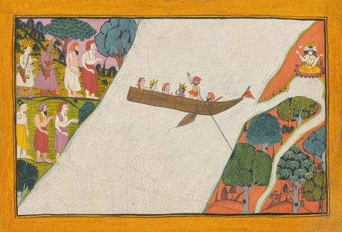 Artwork Visvamitra crosses the Sarayu with Rama and Laksmana this artwork made of Opaque watercolour on paper, created in 1795-01-01