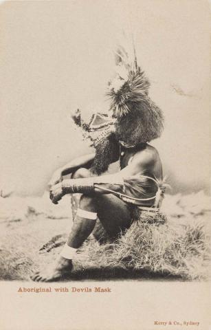 Artwork Aboriginal with Devil's Mask this artwork made of Postcard: Black and white print on paper, created in 1890-01-01