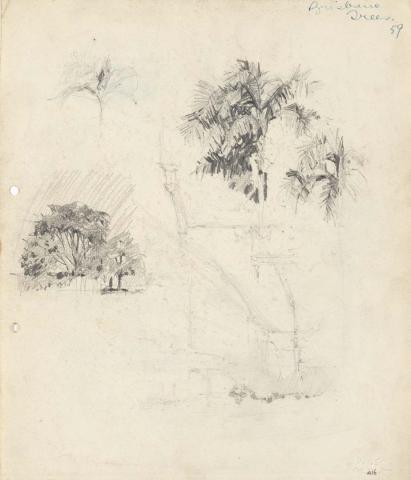 Artwork Palms at Milton; Trees and fence; Faint sketch of street this artwork made of Pencil on sketch paper, created in 1915-01-01