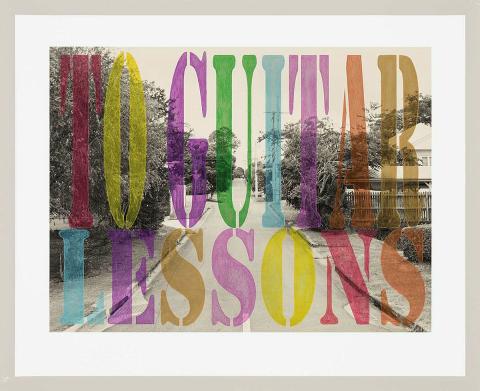 Artwork Suburban landscape no.4 'To guitar lessons' (from 'Suburban landscapes' series within the 'Spirit landscapes' series) this artwork made of Digital print, hand-coloured with crayon on paper, created in 2013-01-01