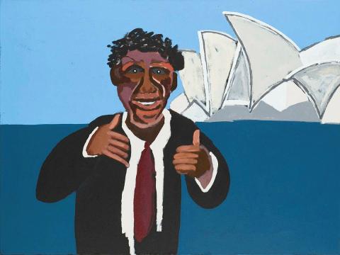 Artwork Albert Namatjira in Sydney - Yeah! (from 'Albert's Story' series) this artwork made of Synthetic polymer paint on linen, created in 2014-01-01