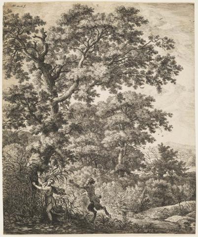 Artwork Landscape with Pan and Syrinx (from the series of six large landscapes depicting mythological scenes from Ovid’s 'Metamorphoses') this artwork made of Etching on paper, created in 1640-01-01