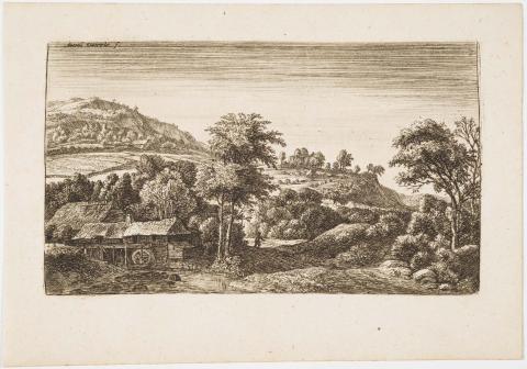 Artwork Watermill at the Foot of the Hill (plate 6 from a series of landscapes) this artwork made of Etching on paper, created in 1650-01-01