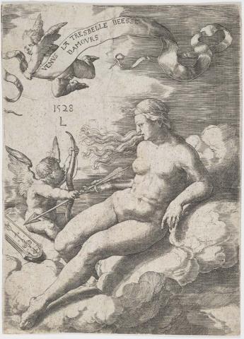 Artwork Venus and Cupid this artwork made of Engraving on paper, created in 1528-01-01