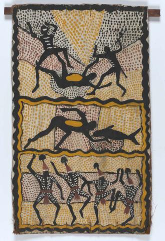 Artwork The Creation Story of the Lardil Tribe this artwork made of Natural pigments and synthetic polymer paint on bark (likely Messmate Stringybark (Eucalyptus obliqua)), created in 1959-01-01