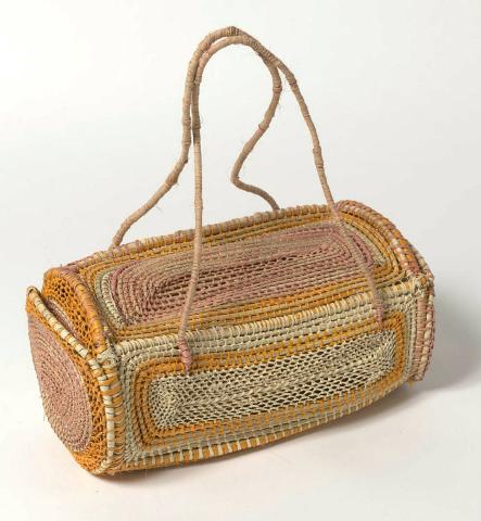 Artwork Woven sports bag this artwork made of Woven pandanus and natural dyes, created in 2021-01-01