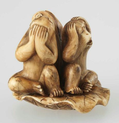 Artwork Sculpture:  (three wise monkeys on a lotus leaf) this artwork made of Carved ivory, created in 1800-01-01