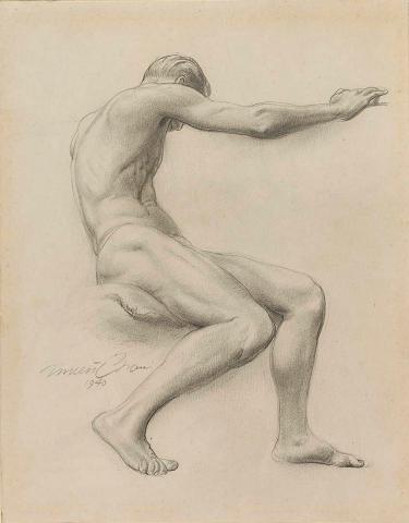 Artwork Figure study (male nude: seated and turning to right) this artwork made of Pencil on cardboard, created in 1940-01-01