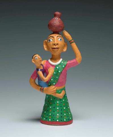 Artwork Woman carrying water with child this artwork made of Multani clay, natural colour, created in 2015-01-01