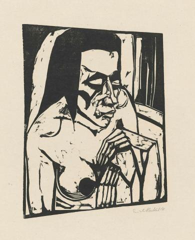 Artwork Hockende (Crouching woman) (from 'Elf holzschnitte (Eleven woodcuts)' portfolio) this artwork made of Woodcut on paper, created in 1913-01-01