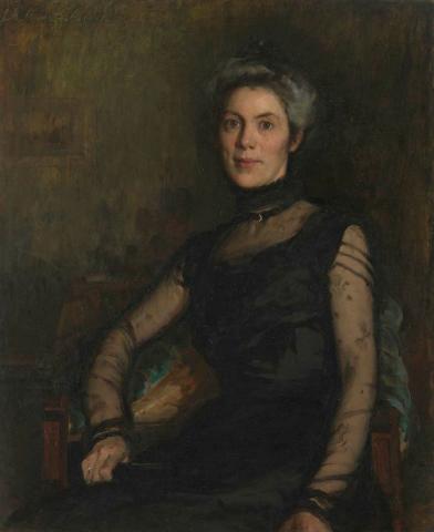 Artwork Portrait of Mrs J. Brownlie Henderson (Susan Henderson) this artwork made of Oil on canvas on composition board, created in 1902-01-01